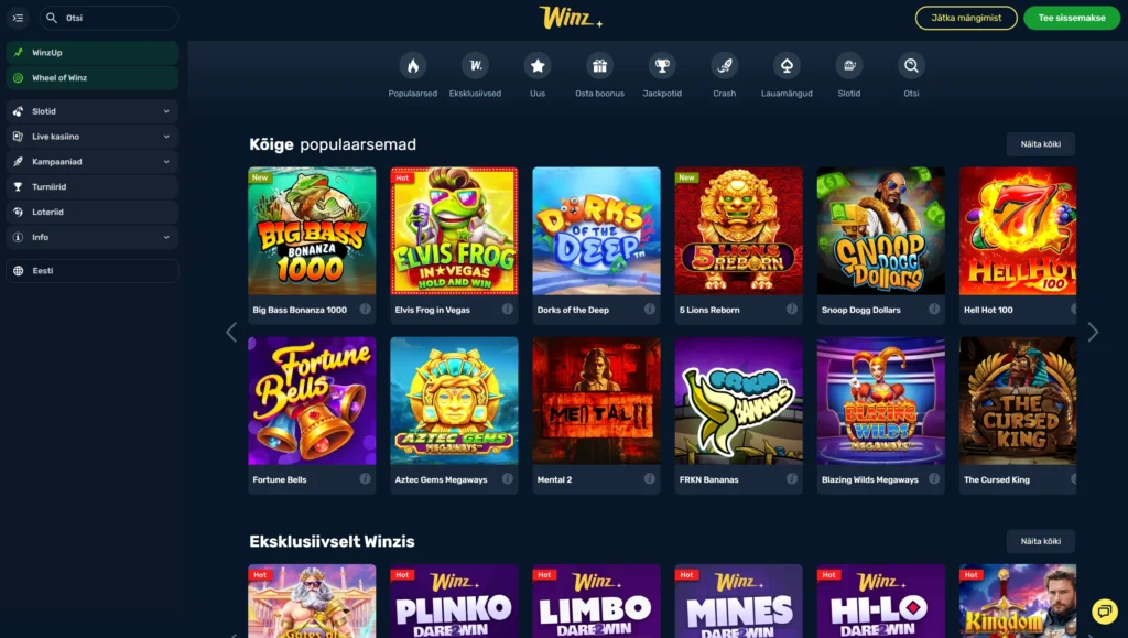 Winz.io kasiino kuvatõmmis